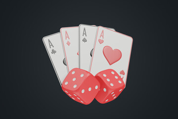 Four aces of different suits paired with bright red dice floating against a dark background, suggesting fun and games with a hint of chance. 3D render illustration