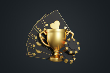 A golden trophy cup rests atop a royal flush of playing cards with poker chips, set against a dark backdrop, epitomizing achievement in card gaming. 3D render illustration