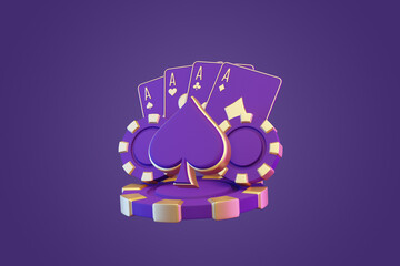 Fototapeta premium Four aces from a deck of cards with purple backing and golden edges, paired with matching casino chips