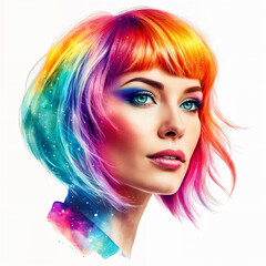 Fototapeta premium A woman with vibrant, colorful hair and makeup, set against a white background.