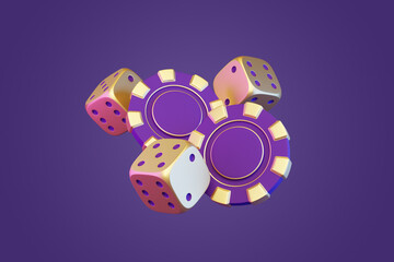 Golden dice and purple poker chips with gold accents on a purple background, creating a luxurious and high-stakes gambling theme. 3D render illustration