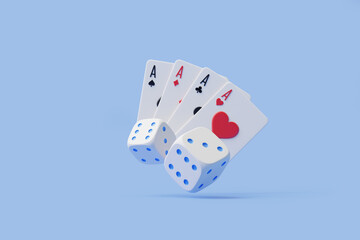 Four aces and white dice with blue pips, arranged against a soft light blue background. 3D render illustration