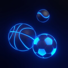 Neon-lit basketball, soccer ball, and tennis ball glowing against a dark background, creating a vibrant, modern sports-themed image. 3D render illustration