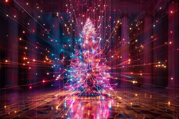 Fototapeta premium Electronic Christmas tree created with generative AI technology, colorful lights on a dark background