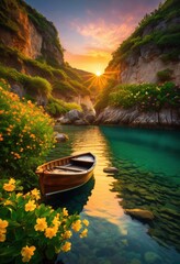 Fototapeta premium secluded cove boat anchored tranquil hidden bay nature scene, waters, peaceful, serene, private, isolated, maritime, vessel, ship, nautical, ocean, coastline,
