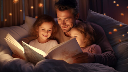 A happy young father, sitting on a bed, reading a bedtime story to his two children who are snuggled under the blankets, with a gentle nightlight illuminating the room.