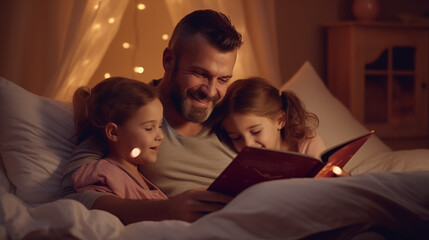 A happy young father, sitting on a bed, reading a bedtime story to his two children who are snuggled under the blankets, with a gentle nightlight illuminating the room.