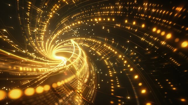 A glowing golden spiral of light particles on a black background. AIG51A.