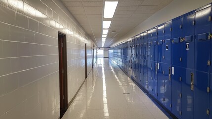 Empty School Hallway with Blue Lockers, Generative AI