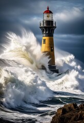 Obraz premium majestic lighthouse standing strong powerful crashing ocean waves, water, structure, beacon, tall, coastal, scenic, landscape, maritime, architecture