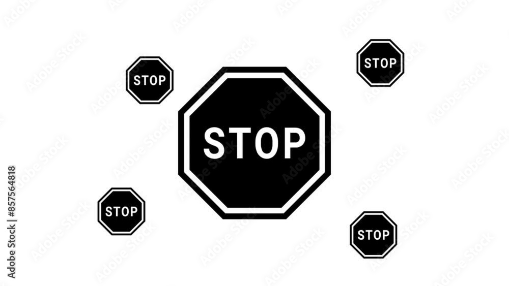 Poster zoom in and out animation the stop road symbol. large black symbol in the center and four small symb