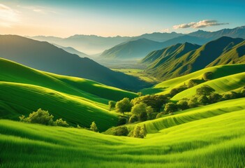 Obraz premium serene green valley distant mountains view, landscape, hills, scenery, peaceful, picturesque, tranquil, beauty, horizon, outdoors, idyllic, natural, lush