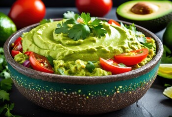 vibrant guacamole freshly made avocado dip ready serve, bowl, green, creamy, appetizer, snack, healthy, homemade, mashed, vegetarian, mexican, garnish