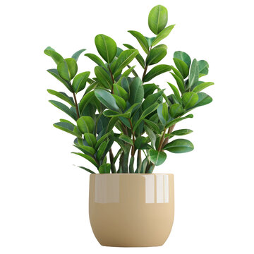 Zamioculcas plant in a beige pot on a transparent background. Young Zanzibar gem plant in a pot.