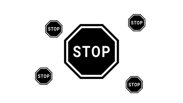 Zoom in and out animation the stop road symbol. Large black symbol in the center and four small symbols around. Seamless looped 4k animation on white background