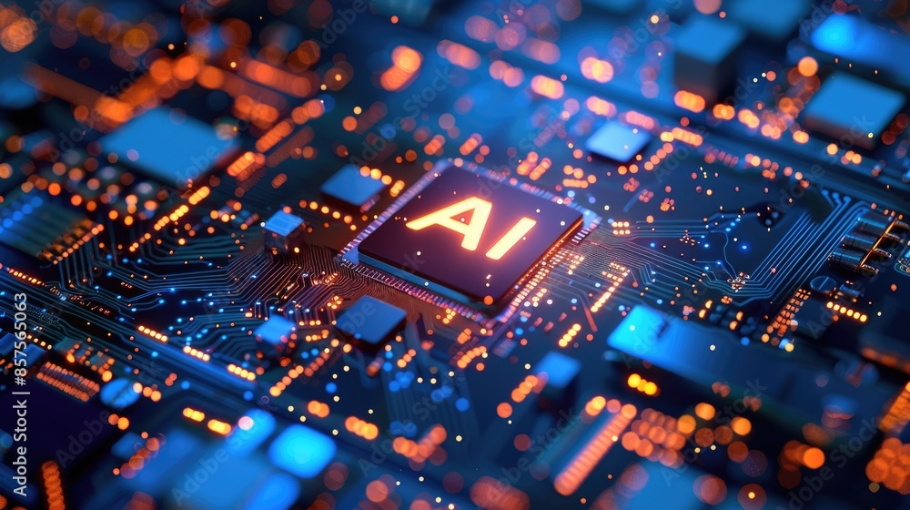 Poster artificial intelligence and ai technology concept processor chip or mother board background llms