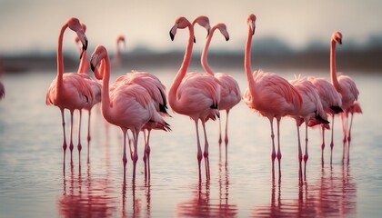 A flock of flamingos in shallow water with pink feathers reflecting on the surface, forming an impressive line.