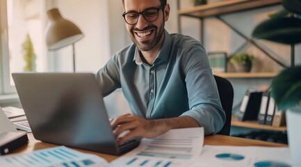 Obraz premium happy male accountant or professional administrator with income tax documents and laptop working at desk in office.