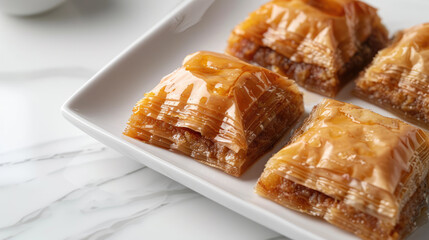 Baklava Pastries on a White Plate with Marble Background