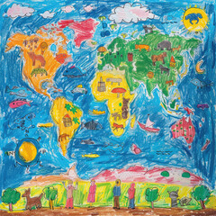 Colorful Children's Drawing of World Map with Animals in Crayon Art Style