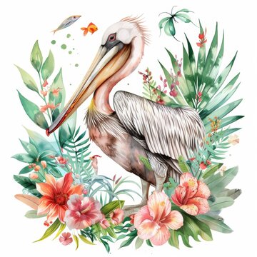 recommend clip art: watercolor illustrations from the collection with a cute pelican surrounded by flowers, palm trees, shrubs, leaves and fish and other elements isolated on a white background.