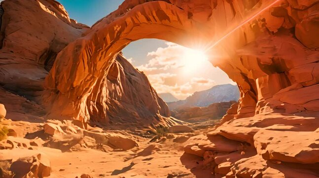 the sun is shining through the arch in the desert