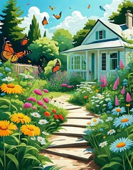 Obraz premium A cute white house or cottage with a beautiful garden with butterflies, in a cartoon style illustration. 