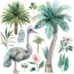 Watercolor illustrations from the collection with a cute ostrich, tumbleweeds, leaves, flowers, palm trees and many others isolated on a white background.