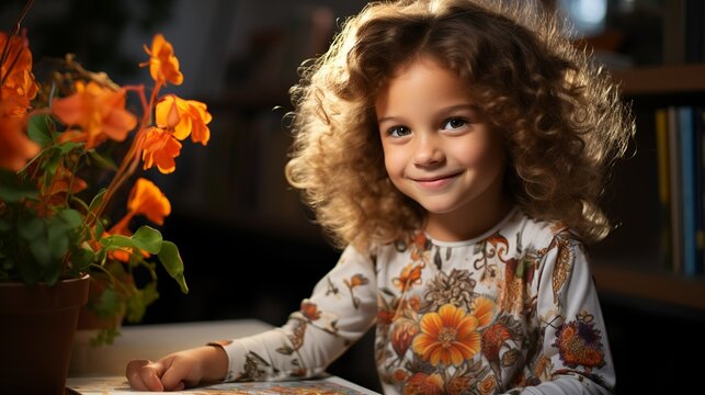 A child using a coloring book filled with positive affirmations and calming patterns, with a close-up of their focused and relaxed expression. Illustration, Minimalism,