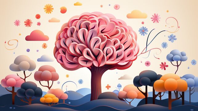 An illustration of a childâ€™s brain with colorful, positive thoughts and emotions, depicting the concept of a healthy and happy mind. Illustration, Minimalism,