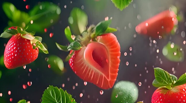Strawberry with half slices falling or floating in the air with green leaves