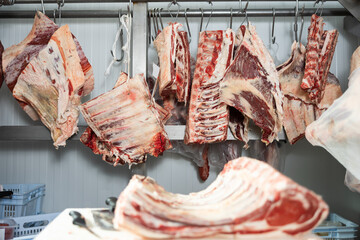Cow carcasses hanging on hooks in a slaughterhouse warehouse