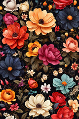 portrait colorful flowers on black background, for ornament wall, flowers wallpaper