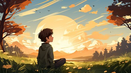 A young boy practicing deep breathing exercises in a serene park, with a focus on his calm expression and the peaceful surroundings to emphasize mindfulness for kids. Illustration, Minimalism,