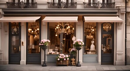 Classic French vintage commercial storefront, chic vintage boutique facade - Powered by Adobe