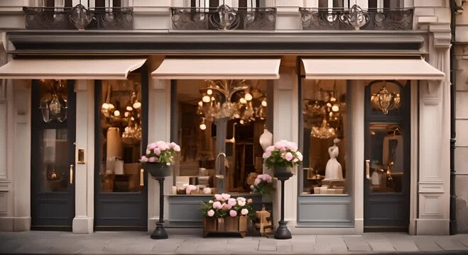 Classic French vintage commercial storefront, chic vintage boutique facade