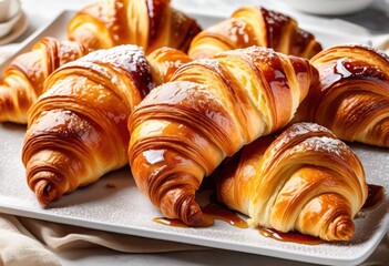 Fototapeta premium delicious freshly baked croissants sweet jam white plate, food, pastry, breakfast, brunch, buttery, flaky, french, golden, homemade, morning, snack, tasty