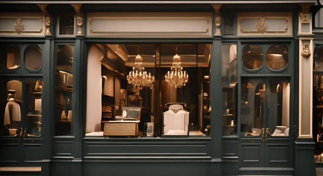 Classic French vintage commercial storefront, chic vintage boutique facade