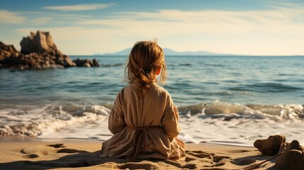 Fototapeta premium A child sitting quietly in a meditation pose on a beach, with the ocean waves in the background, emphasizing the calming effects of mindfulness in nature. Illustration, Minimalism,