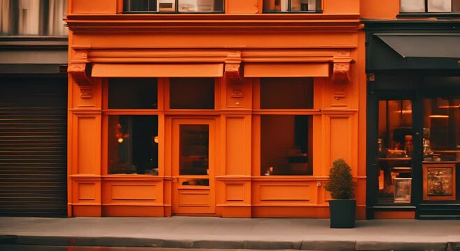 Vintage orange storefront with retro commercial facade template