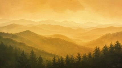 A painting of a mountain range with trees in the foreground