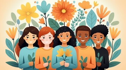 A group of teens at a mental health awareness event, wearing matching t-shirts and holding signs, demonstrating activism and peer support for mental well-being. Illustration, Minimalism,