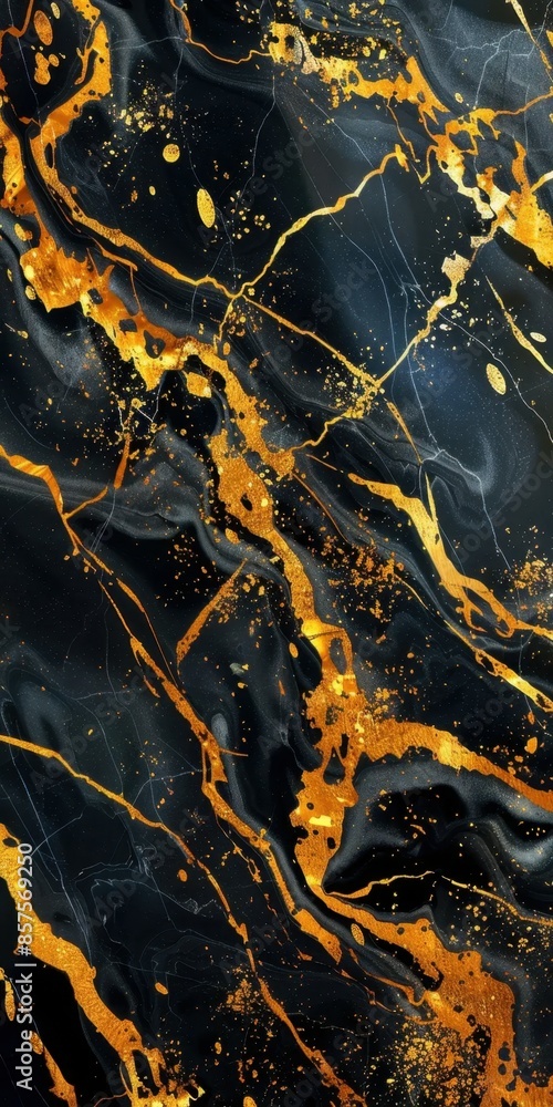 Poster Golden streaks and splatters on a black marble-like background, creating an abstract, luxurious, and elegant pattern with fluid, dynamic lines and rich textures.