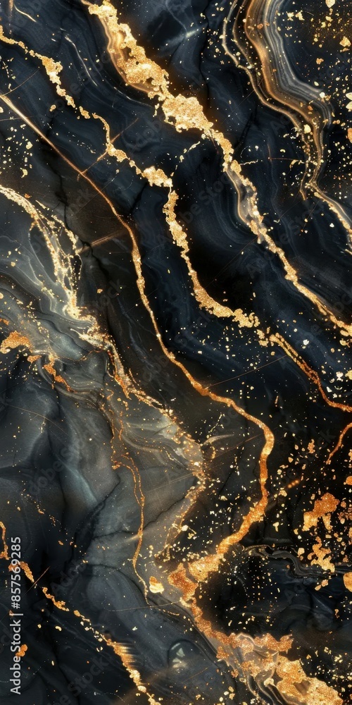 Poster abstract black marble texture with gold veins and splatters, creating an elegant and luxurious visua