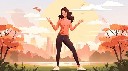 A teenage girl practicing Tai Chi in a park, moving gracefully and mindfully, showcasing diverse physical activities that help reduce stress and anxiety. Illustration, Minimalism,