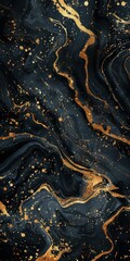 Fototapeta premium Abstract dark blue and black marbled texture with flowing golden lines and splatters, creating a luxurious, cosmic, and elegant visual effect.