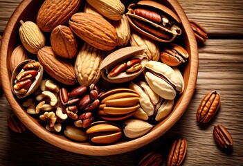 rustic background assorted nut bowl, nuts, almonds, walnuts, pecans, cashews, hazelnuts, pistachios, brazil, snack, food, healthy, organic, wooden