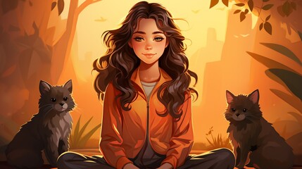 A young girl doing a virtual mindfulness exercise with her classmates, all appearing focused and calm, promoting collective stress-relief activities. Illustration, Minimalism,