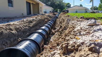 Sanitary installation of underground drain pipes, excavation of land for installation of PVC pipes.