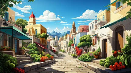 Fototapeta premium A bustling paper market street, with stalls selling paper fruits, vegetables, and goods, and paper shoppers interacting with the vendors in a lively and colorful scene. Illustration, Minimalism,